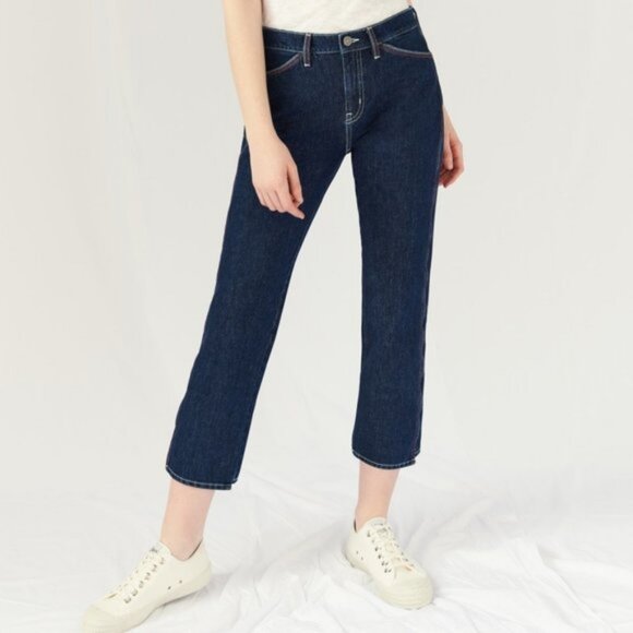 NWT Mih Anthro Cult Mid Rise Dark Wash Straight Jean Colorful Stitching 27